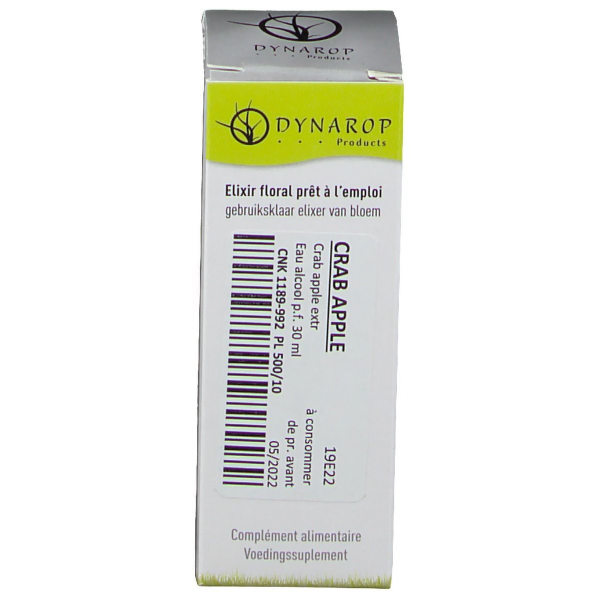 Scatola con testo e logo. Stampato: Elixir floral prêt à l'emploi, gebruiksklaar elixer van bloem.