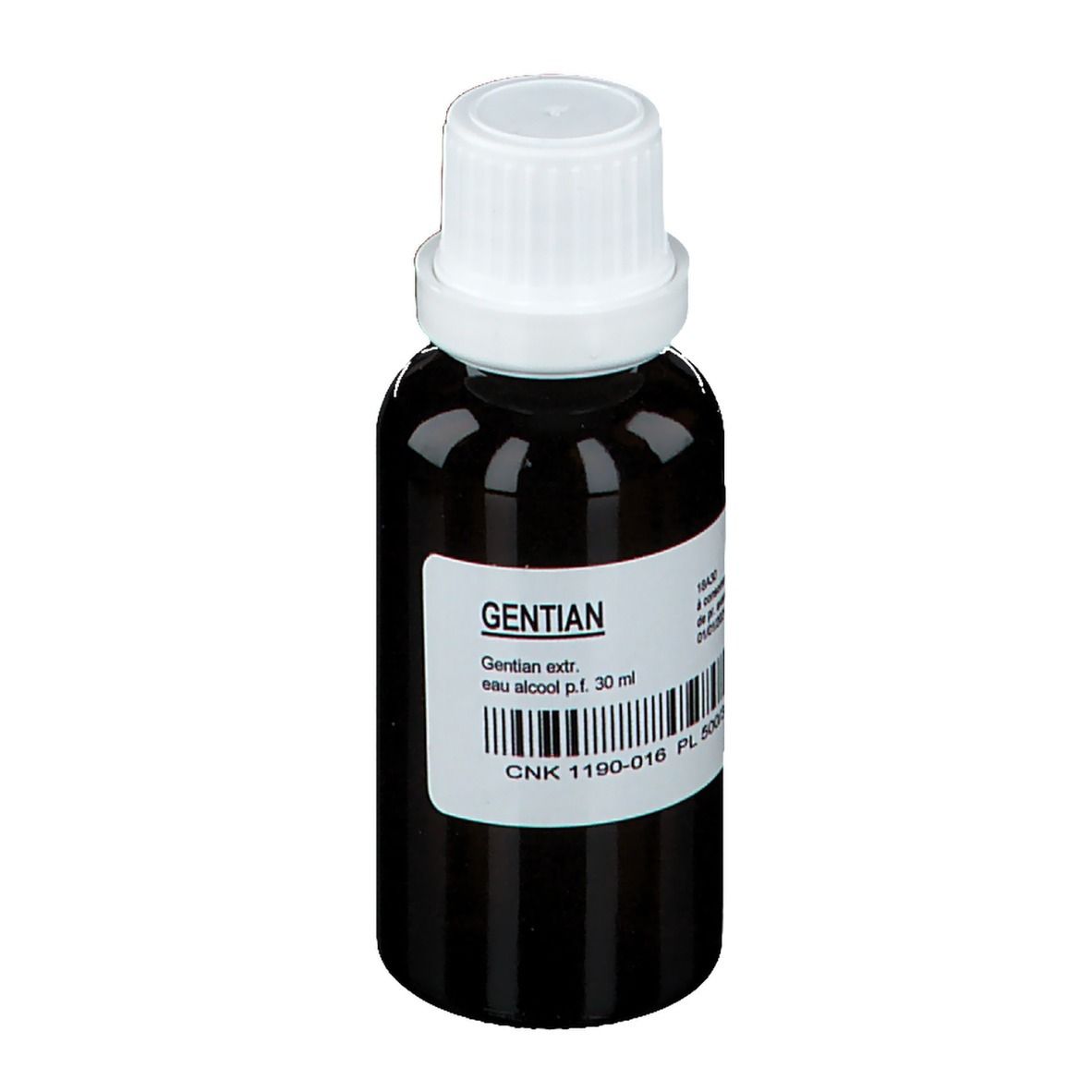 Flacone di vetro marrone con tappo bianco ed etichetta. Scritta: Gentian, eau alcool p.f. 30 ml. Codice a barre e numero CNK.