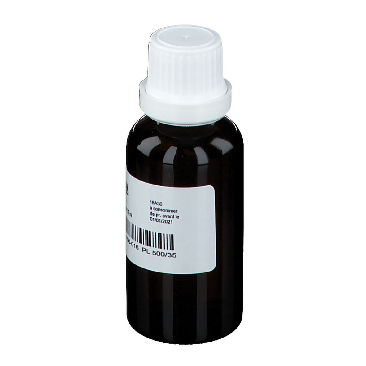 Flacone di vetro marrone con tappo bianco ed etichetta. Scritta: Gentian, eau alcool p.f. 30 ml. Codice a barre, CNK e data di scadenza.