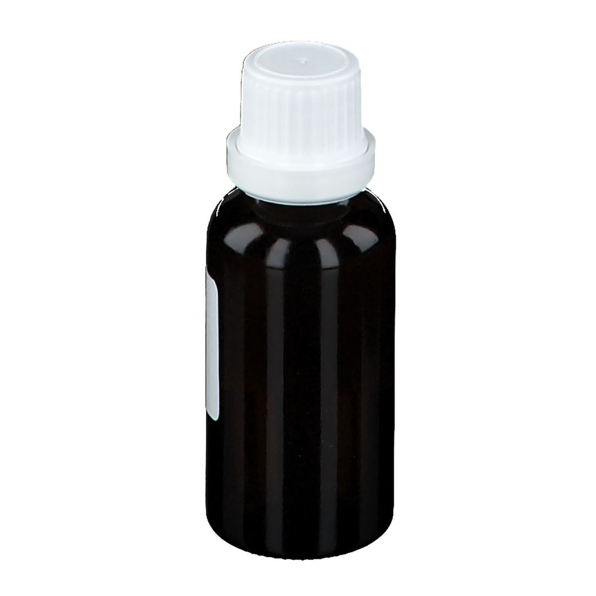 Flacone di vetro marrone con tappo bianco ed etichetta. Etichetta con codice a barre e numero CNK. Flacone su sfondo chiaro.