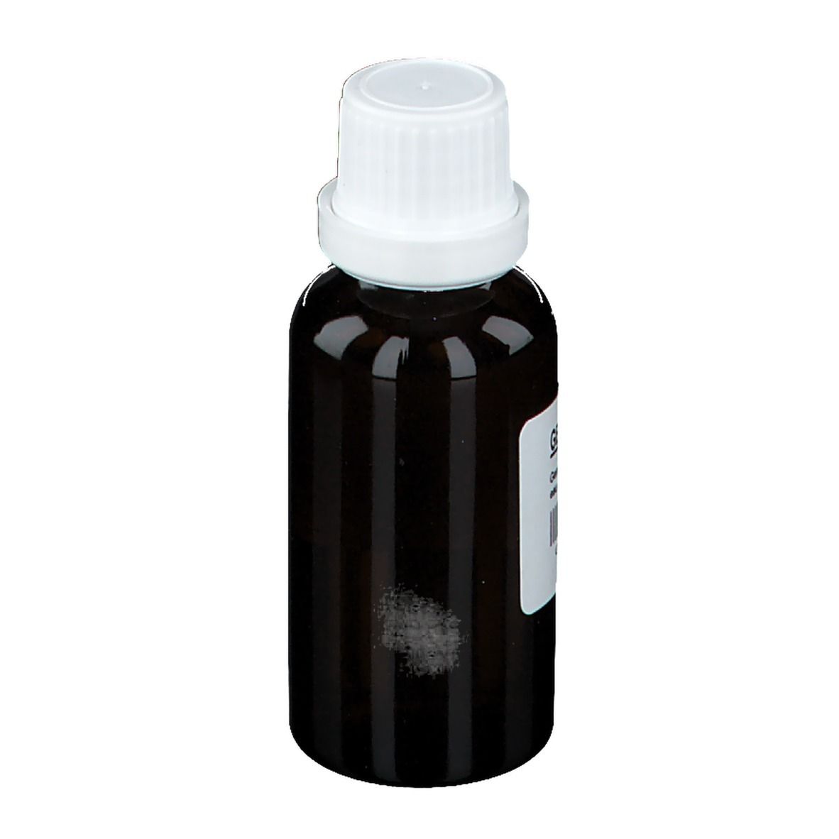Flacone di vetro marrone con tappo bianco ed etichetta. Etichetta con codice a barre e numero CNK. Flacone su sfondo chiaro.