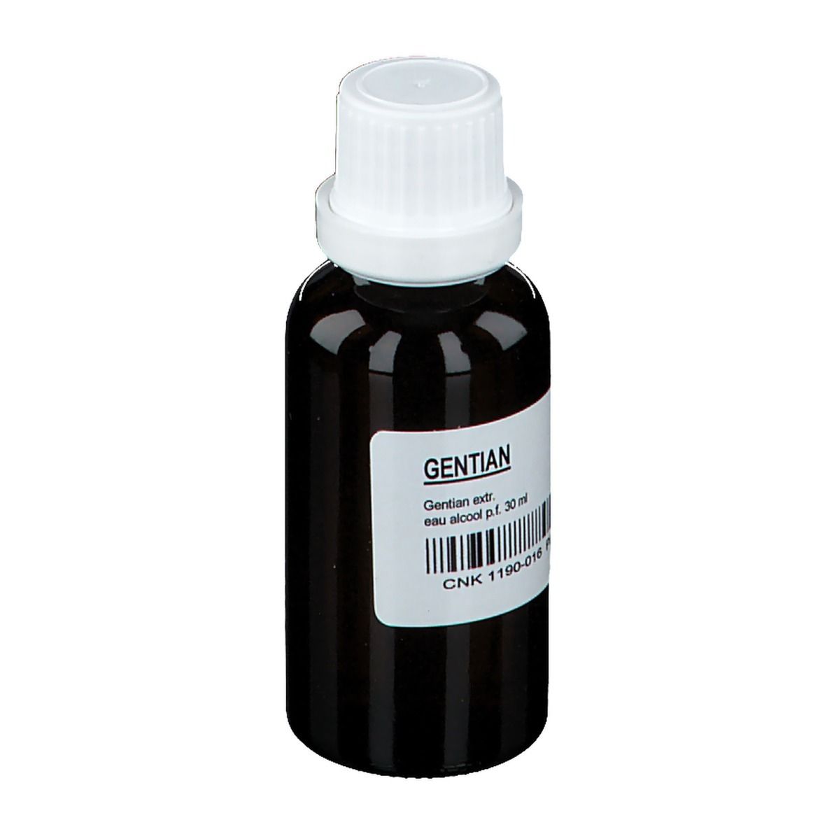 Flacone di vetro marrone con tappo bianco ed etichetta. Scritta: Gentian, eau alcool p.f. 30 ml. Codice a barre e numero CNK.