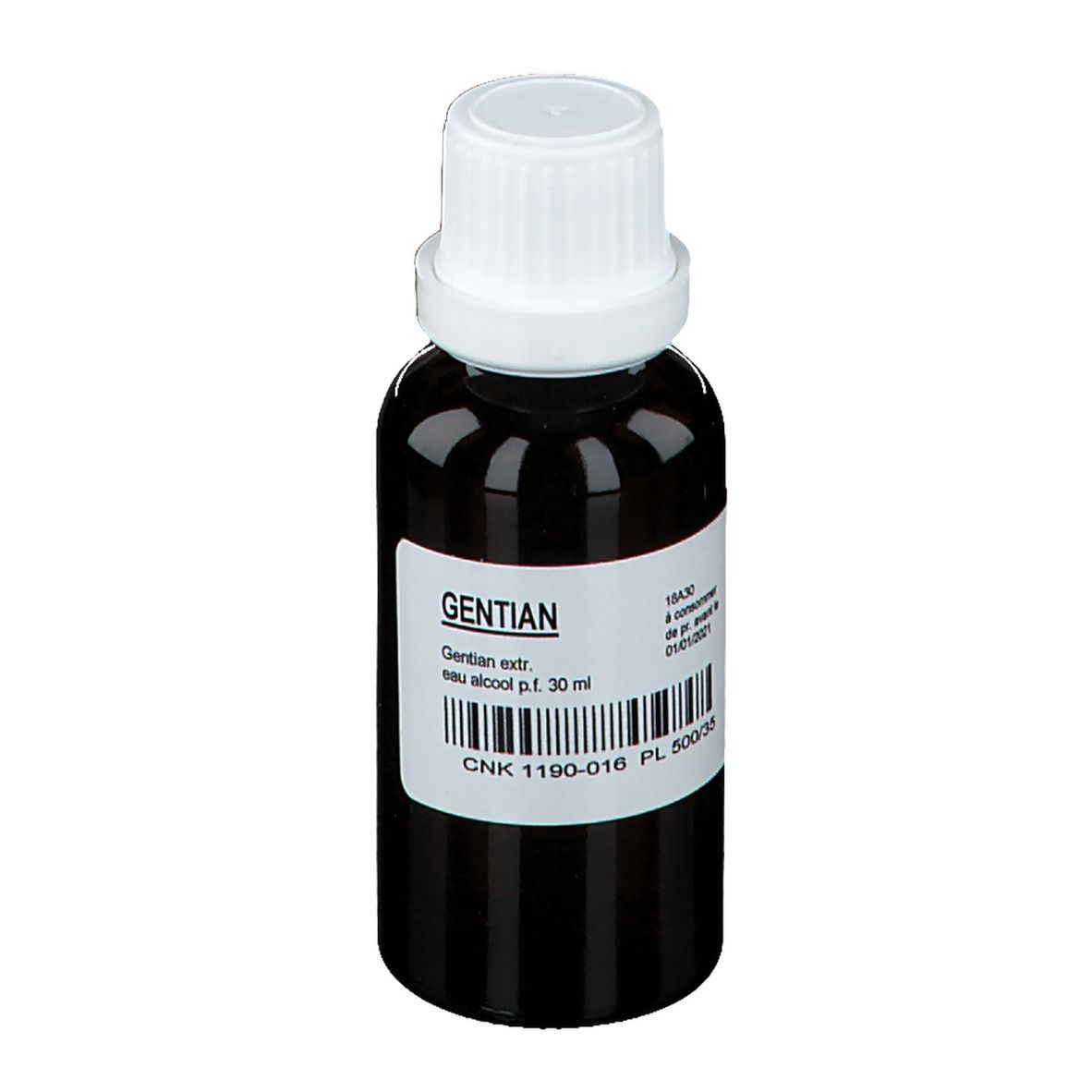 Flacone di vetro marrone con tappo bianco ed etichetta. Scritta: Gentian, eau alcool p.f. 30 ml. Codice a barre, CNK e data di scadenza.