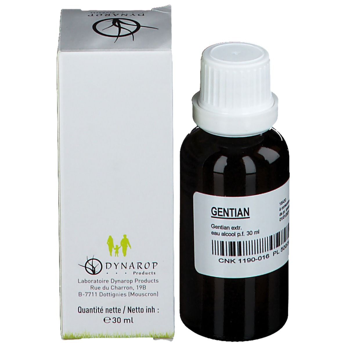 Flacone di vetro marrone con tappo bianco ed etichetta, accanto a scatola bianca. Scritta: Gentian, eau alcool p.f. 30 ml. Codice a barre e CNK.