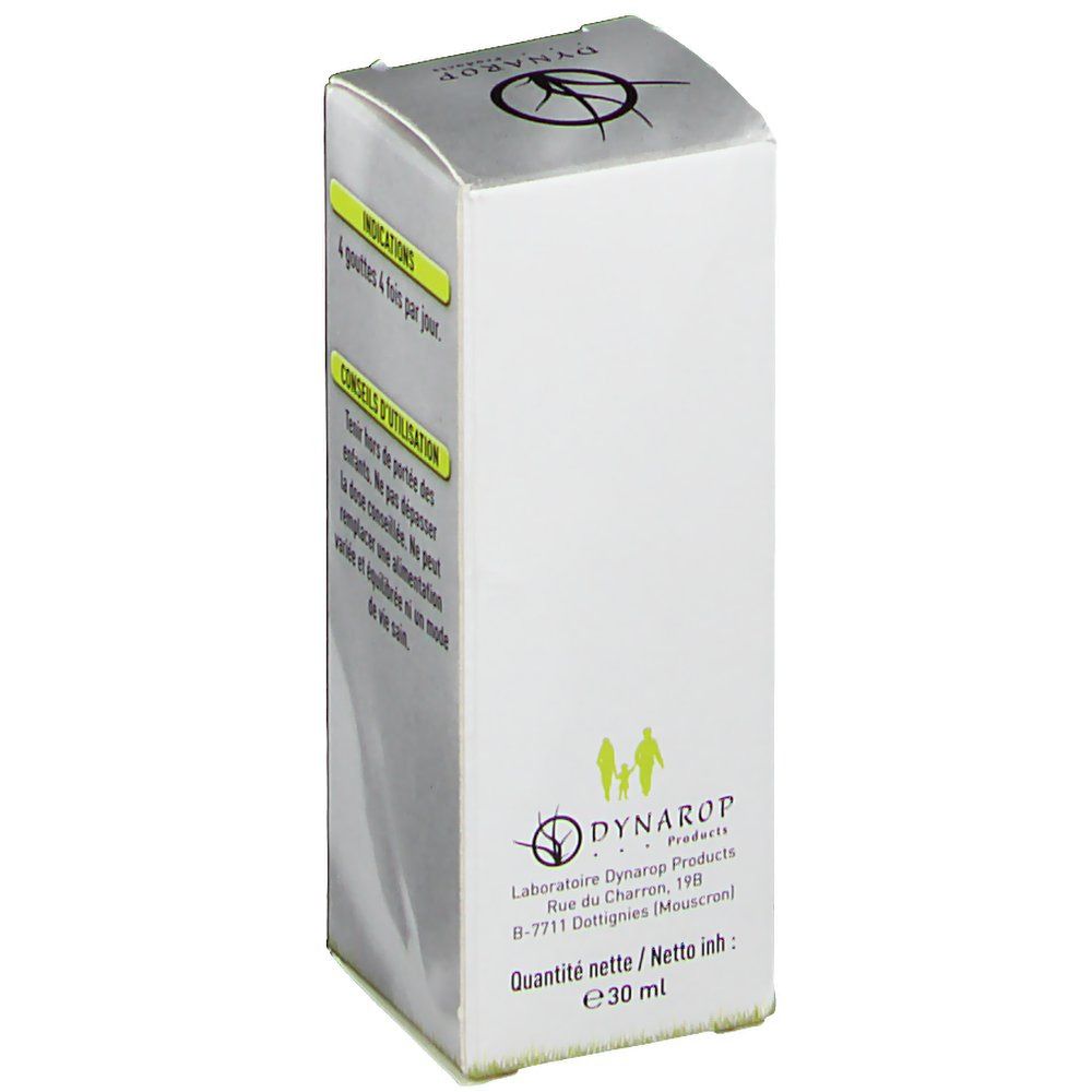 Confezione in cartone con informazioni sul prodotto. Scritta: DYNAROP. Informazioni sulla quantità netta: 30 ml. Logo familiare.