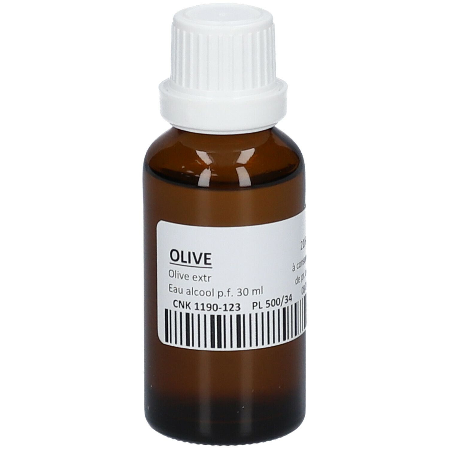 Flacone di vetro marrone con tappo bianco ed etichetta. Etichetta con testo: OLIVE, Olive extr., Eau alcool p.f. 30 ml, CNK 1190-123, PL 500/34.