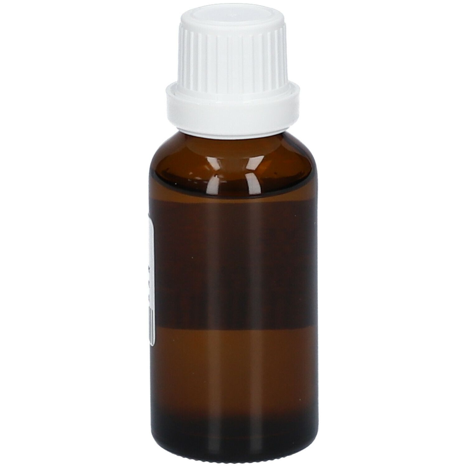 Flacone di vetro marrone con tappo bianco. Etichetta con testo: OLIVE, Olive extr., Eau alcool p.f. 30 ml, CNK 1190-123.