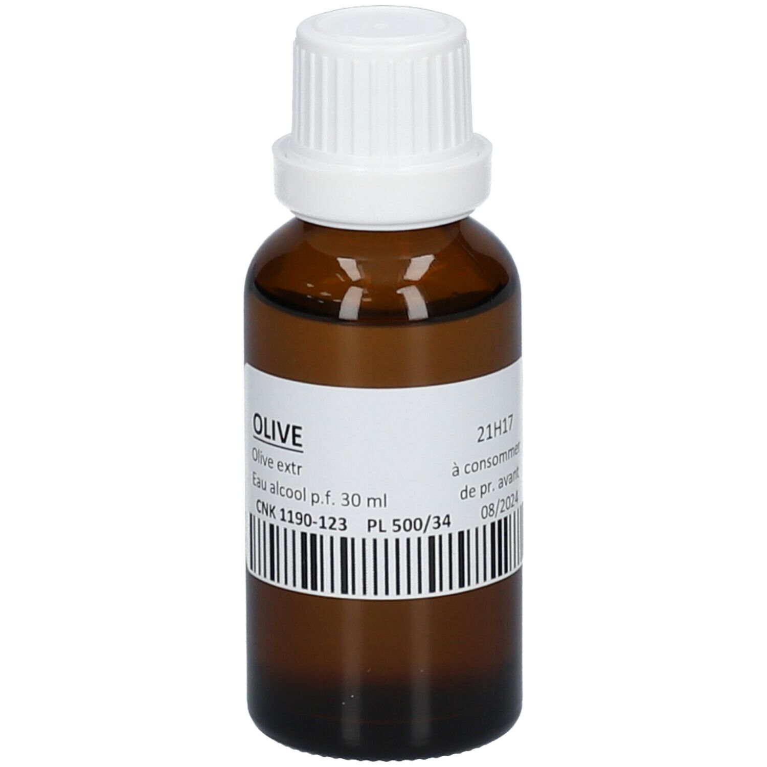 Flacone di vetro marrone con tappo bianco. Etichetta con testo: OLIVE, Olive extr., Eau alcool p.f. 30 ml, CNK 1190-123, PL 500/34, 21H17, 08/2024.