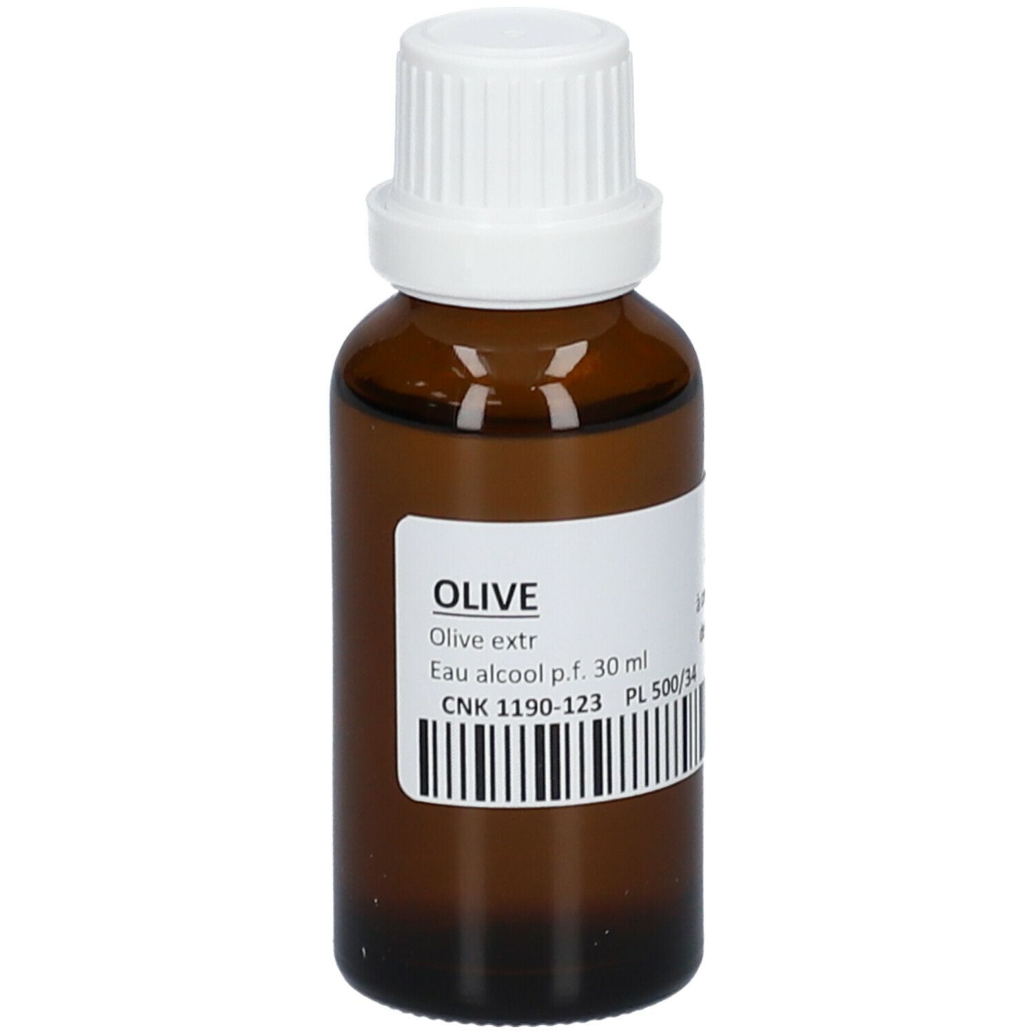Flacone di vetro marrone con tappo bianco. Etichetta con testo: OLIVE, Olive extr., Eau alcool p.f. 30 ml, CNK 1190-123, PL 500/34.