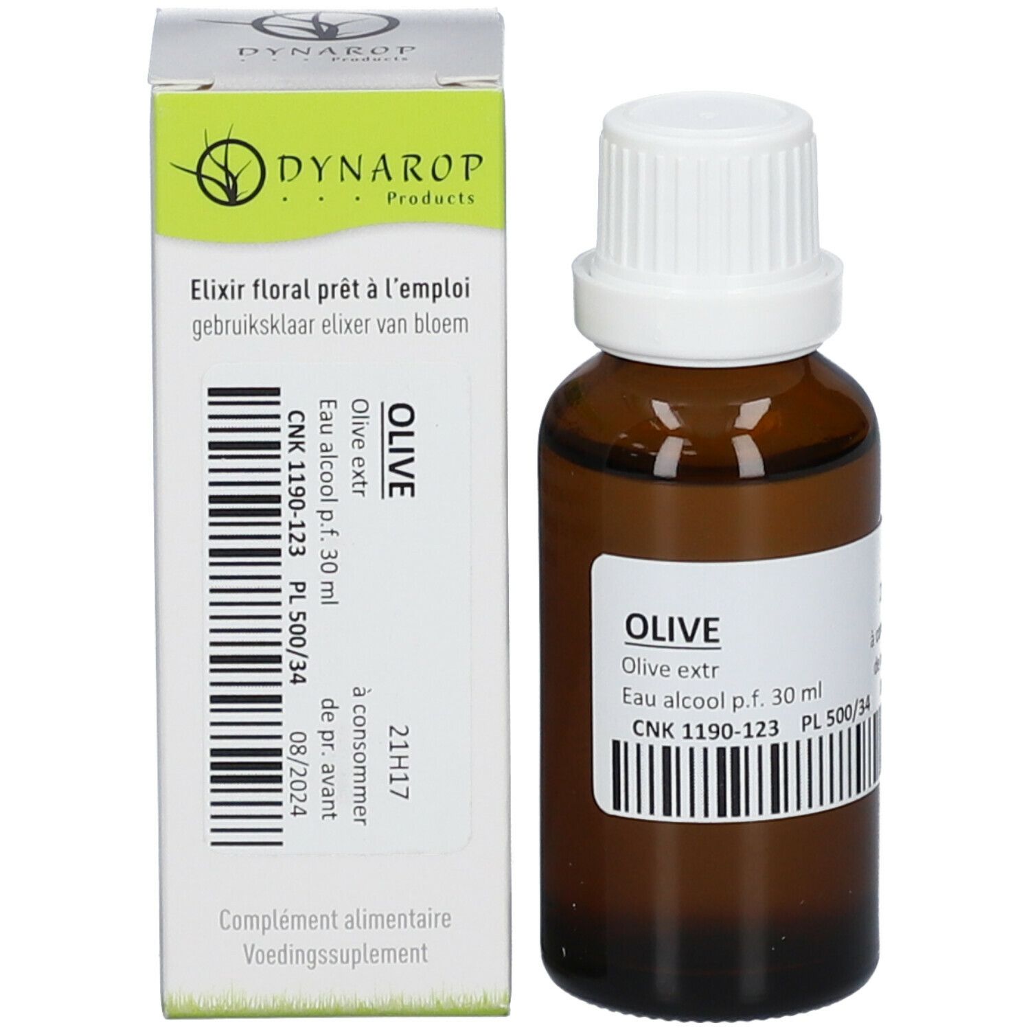 Flacone di vetro marrone con tappo bianco e scatola. Scatola con testo: DYNAROP Products, Elixir floral prêt à l'emploi, OLIVE, Olive extr., Eau alcool p.f. 30 ml.