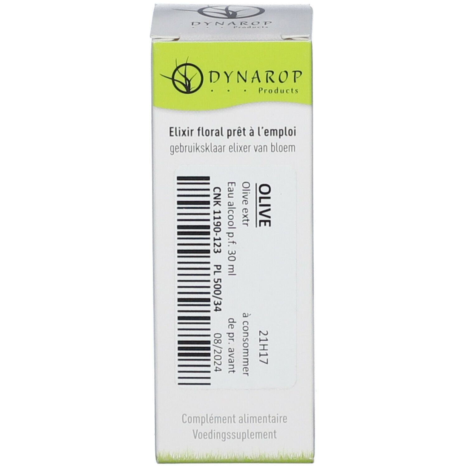 Scatola con testo: DYNAROP Products, Elixir floral prêt à l'emploi, OLIVE, Olive extr., Eau alcool p.f. 30 ml, 21H17, 08/2024.