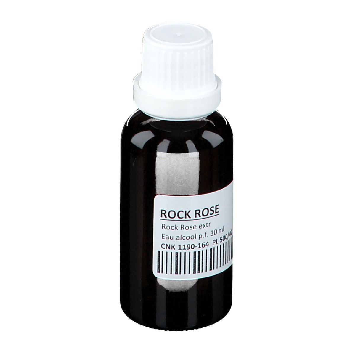 Flacone di vetro marrone con tappo bianco. Etichetta con nome del prodotto ROCK ROSE, codice a barre e informazioni.