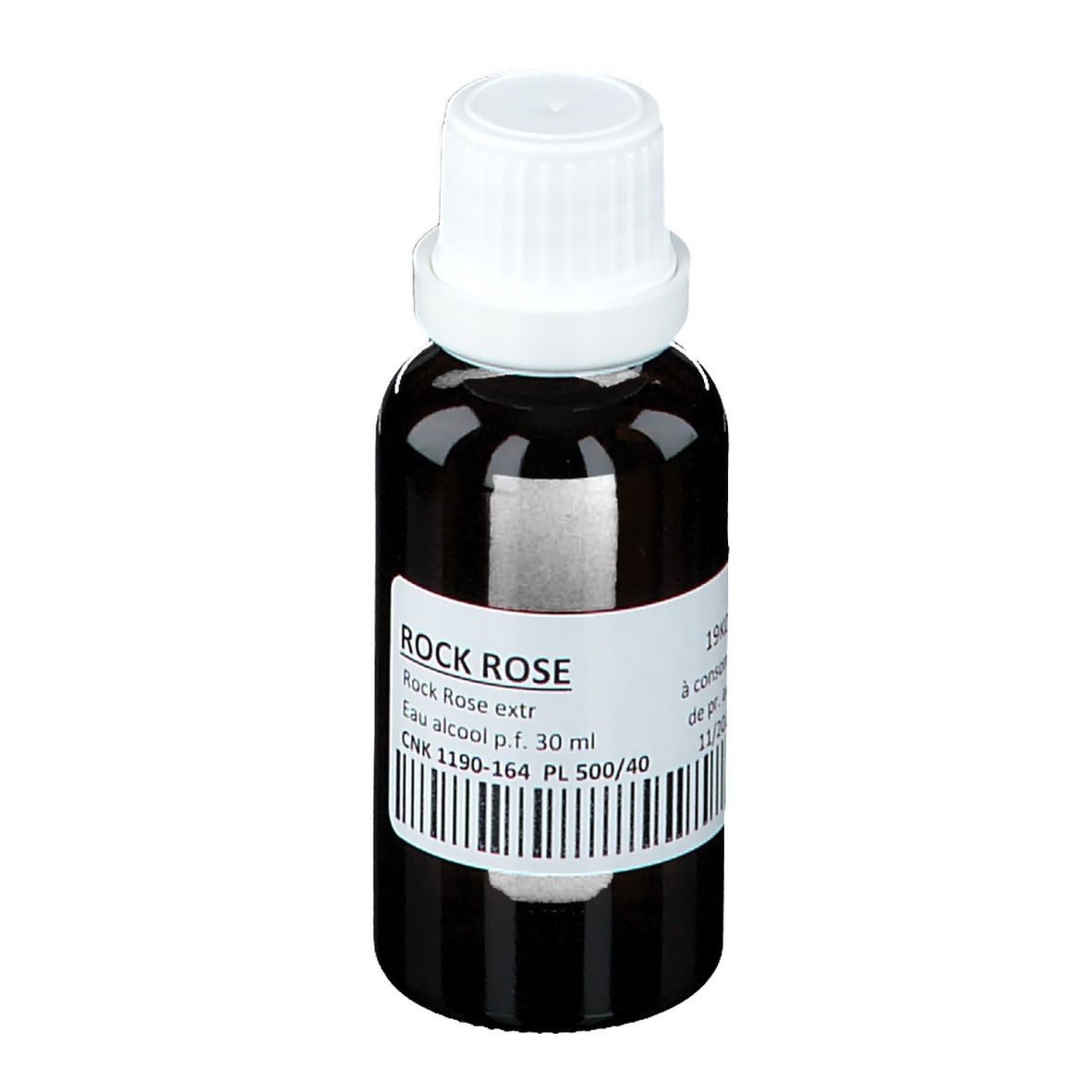 Flacone di vetro marrone con tappo bianco. Etichetta con nome del prodotto ROCK ROSE, codice a barre e informazioni.