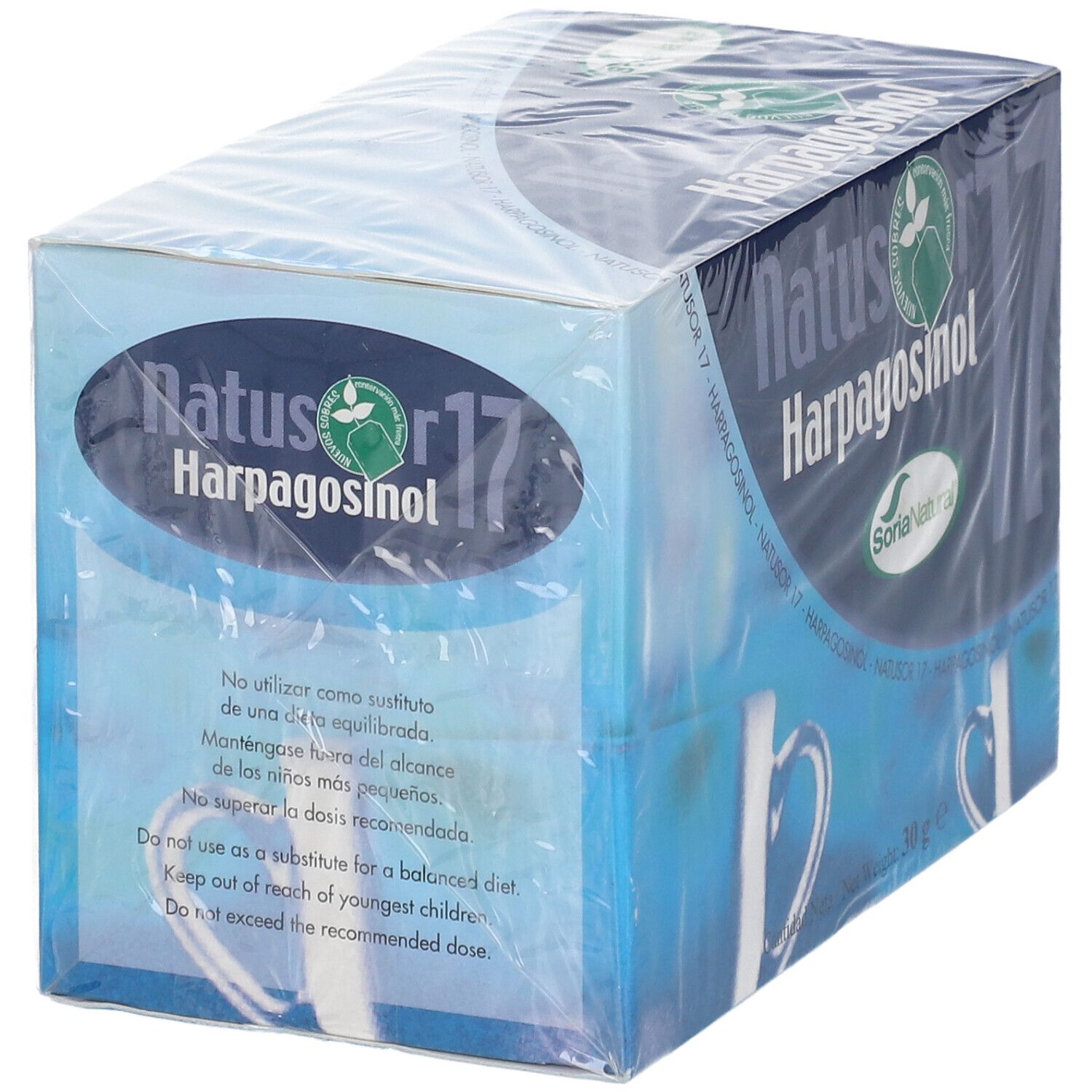 Confezione di tè Natusor 17 Harpagosinol. Scatola blu con nome e logo del prodotto. Testo in inglese.
