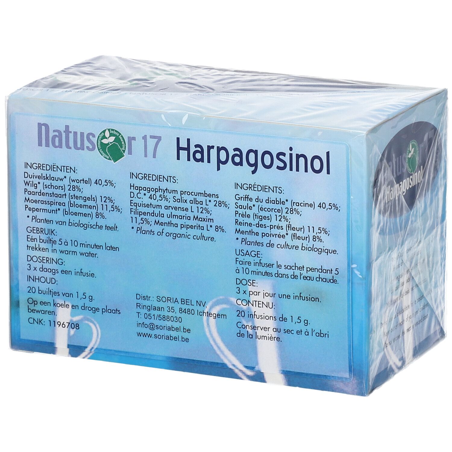 Confezione di tè Natusor 17 Harpagosinol. Scatola blu con nome e logo del prodotto. Elenco ingredienti.