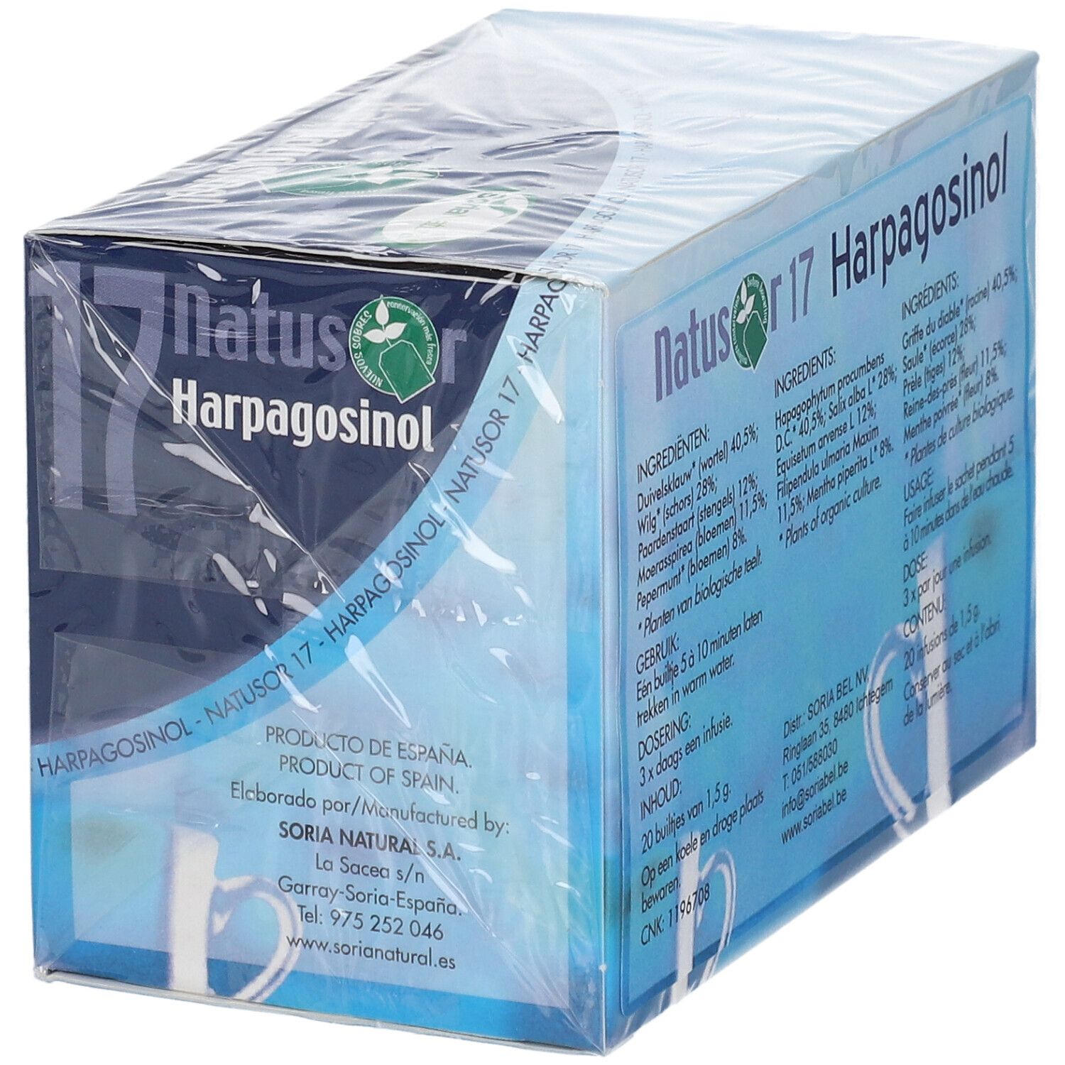 Confezione di tè Natusor 17 Harpagosinol. Scatola blu con nome e logo del prodotto. Elenco ingredienti.