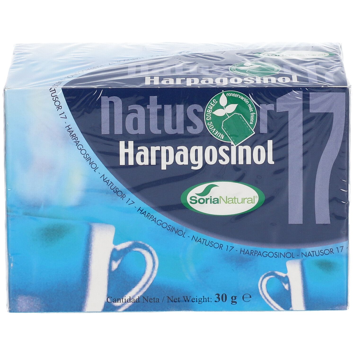 Confezione di tè Natusor 17 Harpagosinol. Scatola blu con nome e logo del prodotto. 30g.