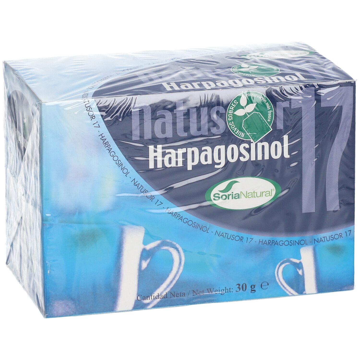 Confezione di tè Natusor 17 Harpagosinol. Scatola blu con nome e logo del prodotto. 30g.