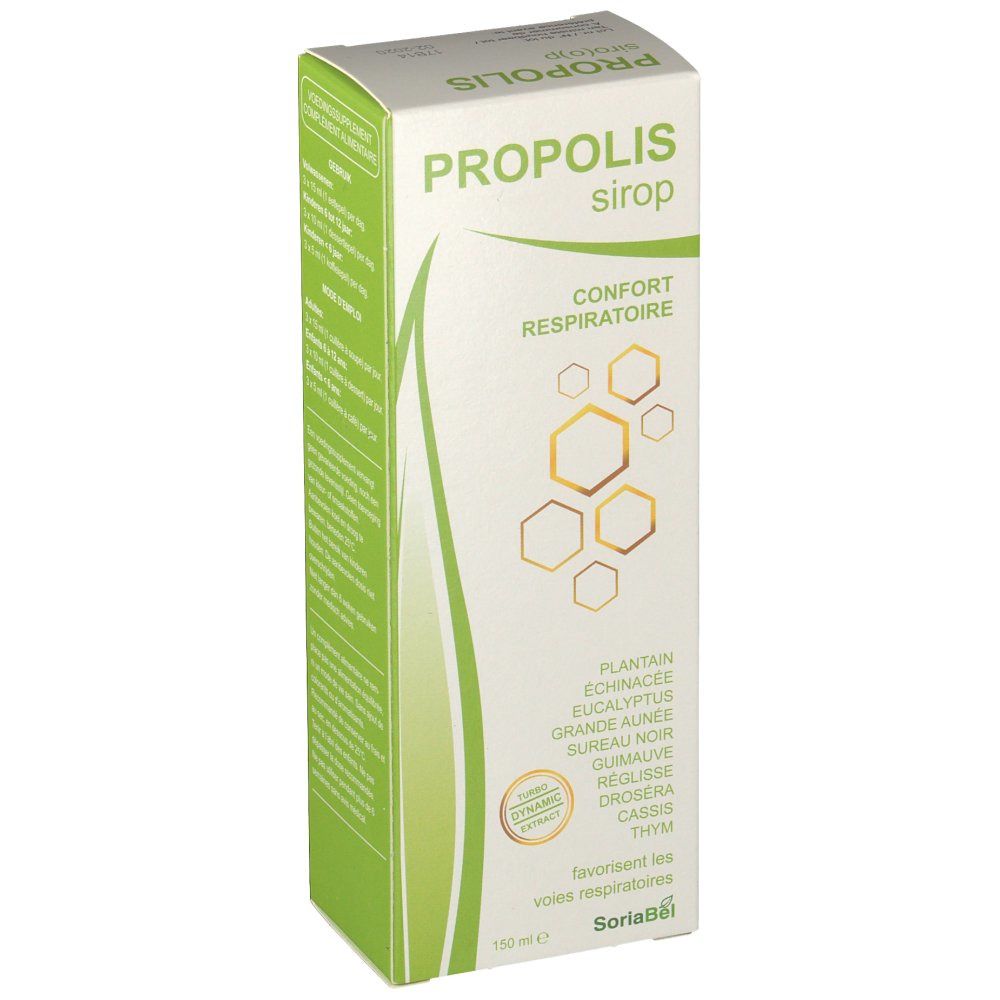 Confezione in cartone PROPOLIS sirop. Scritta: Confort respiratoire. Contiene estratti vegetali. Marchio SoriaBël.