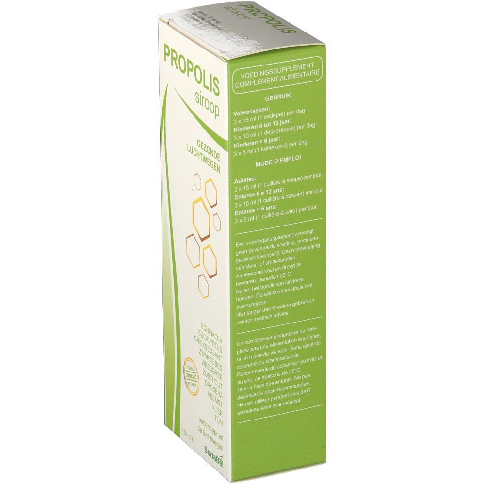 Confezione in cartone PROPOLIS sirop. Contiene le istruzioni per il dosaggio. Marchio SoriaBël.