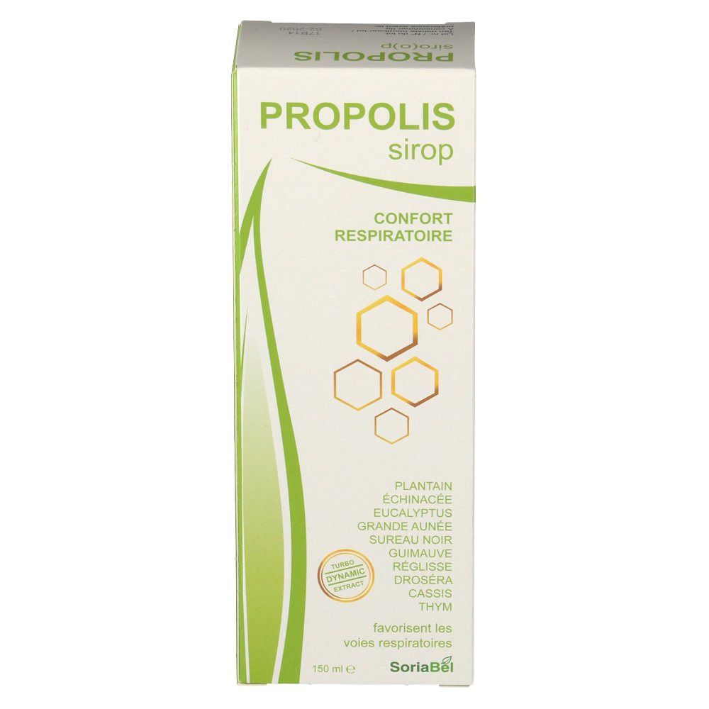 Confezione in cartone PROPOLIS sirop. Scritta: Confort respiratoire. Contiene estratti vegetali. Marchio SoriaBël.