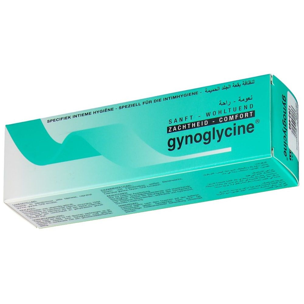 Confezione di gynoglycine®. Design turchese e bianco. Testo: Delicato, benessere, comfort. Testo multilingue.