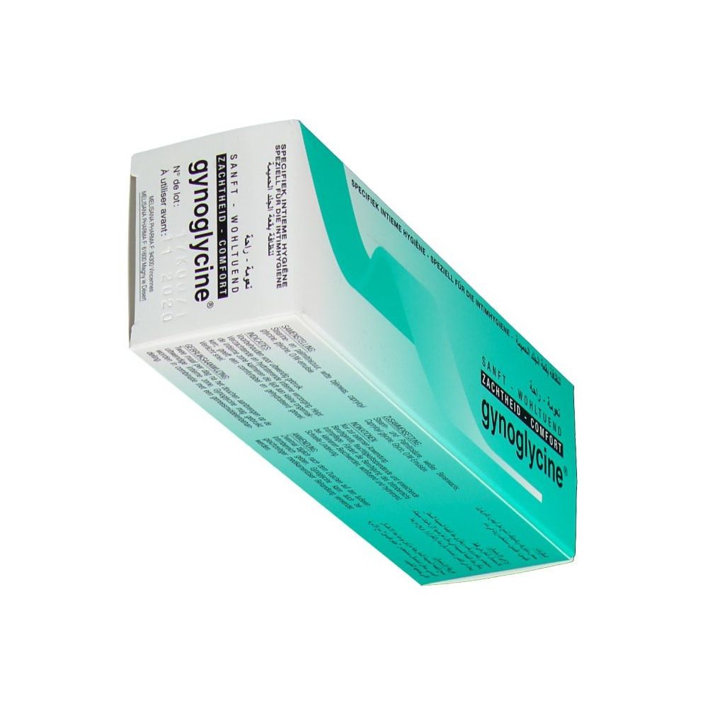 Confezione di gynoglycine® in prospettiva. Design turchese e bianco. Testo: Delicato, benessere, comfort. Testo multilingue.