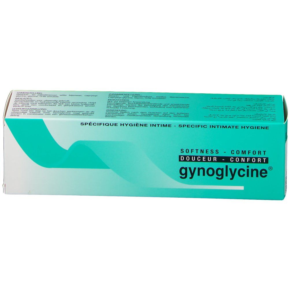 Confezione di gynoglycine®. Design turchese e bianco. Testo: Igiene intima specifica, morbidezza, comfort. Nome del prodotto visibile.