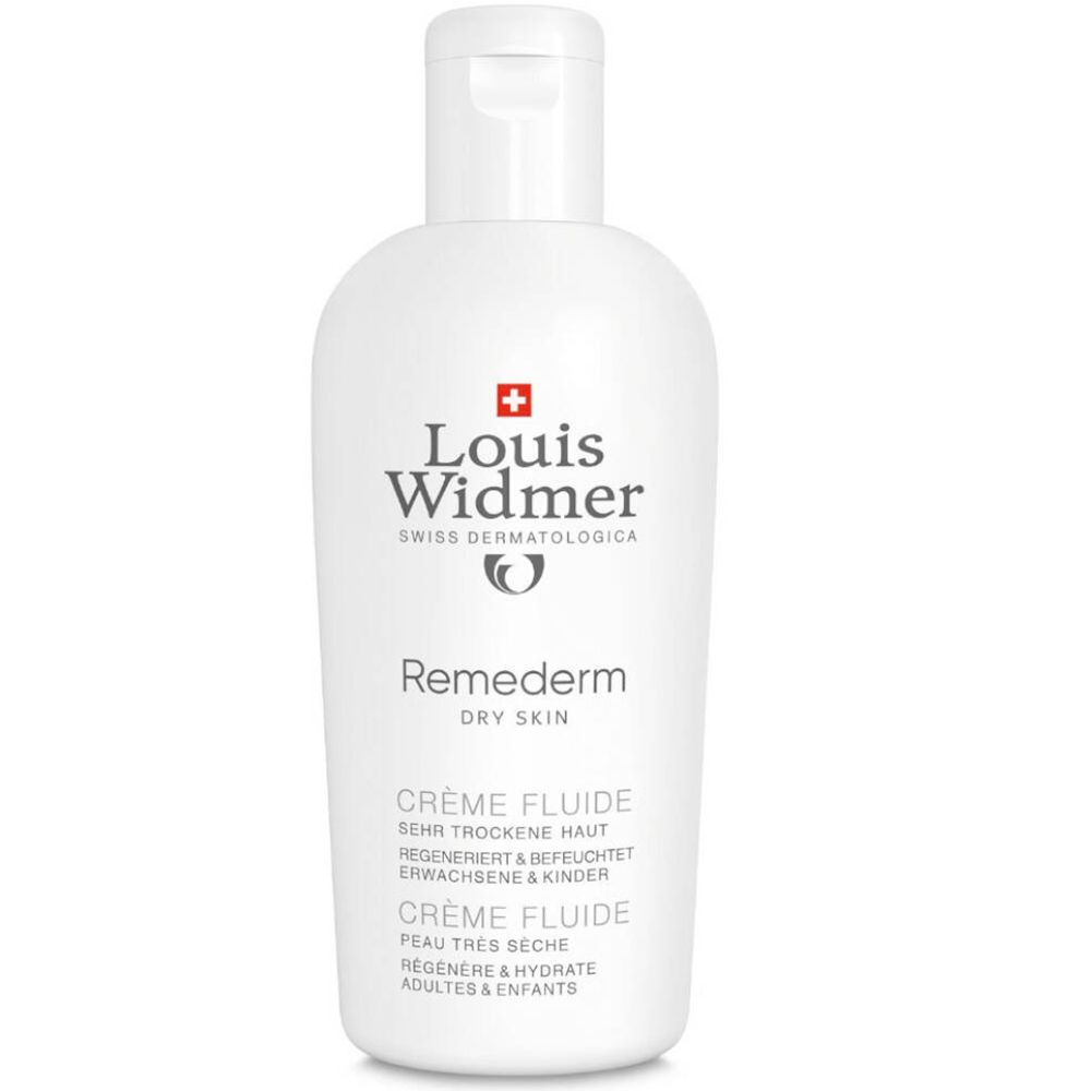 Flacone bianco con etichetta. Testo: Louis Widmer, Remederm Crème Fluide, per pelli molto secche.