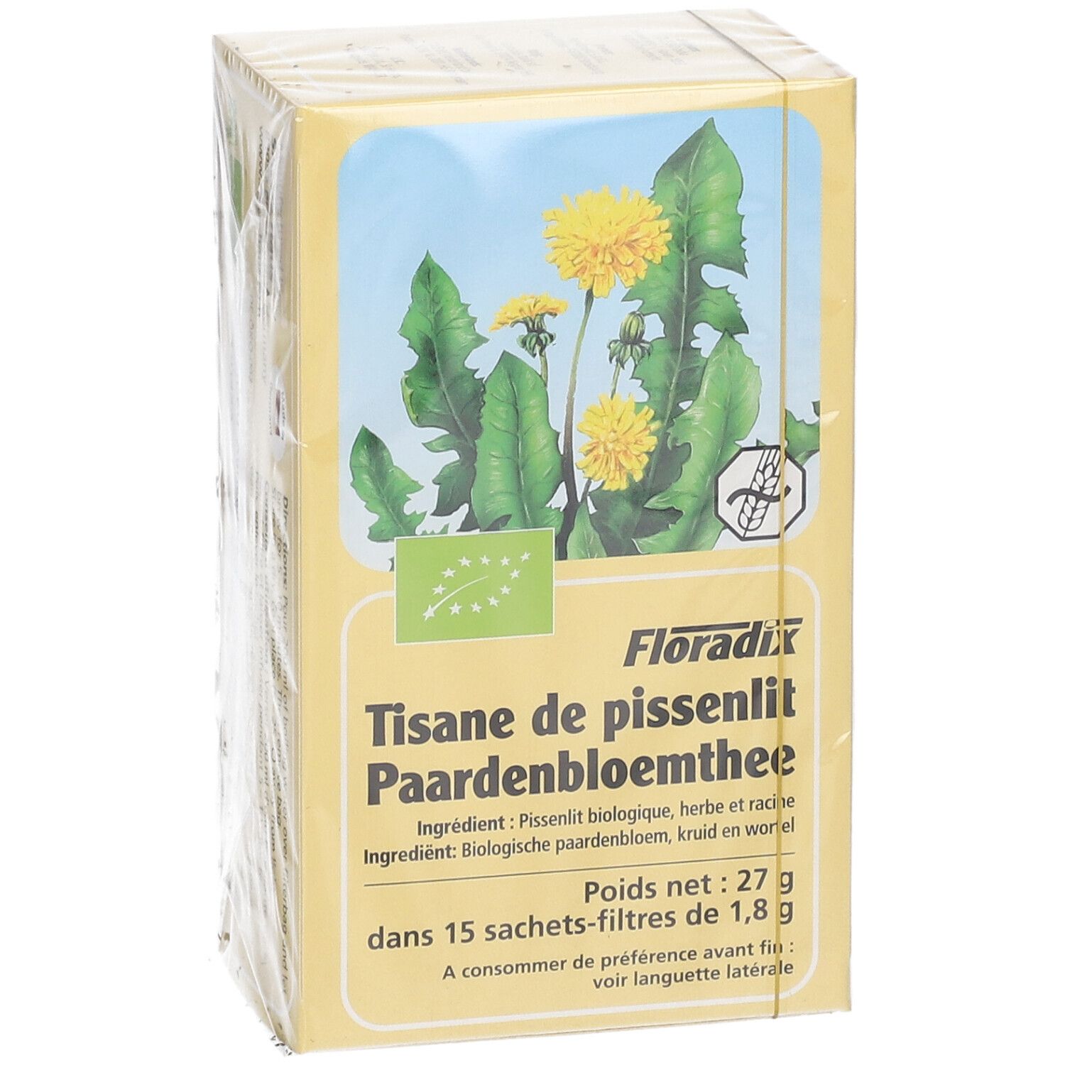 Scatola di cartone gialla con logo Floradix e scritta "Tisane de pissenlit Paardenbloemthee". Immagine di fiori di tarassaco. 15 bustine.