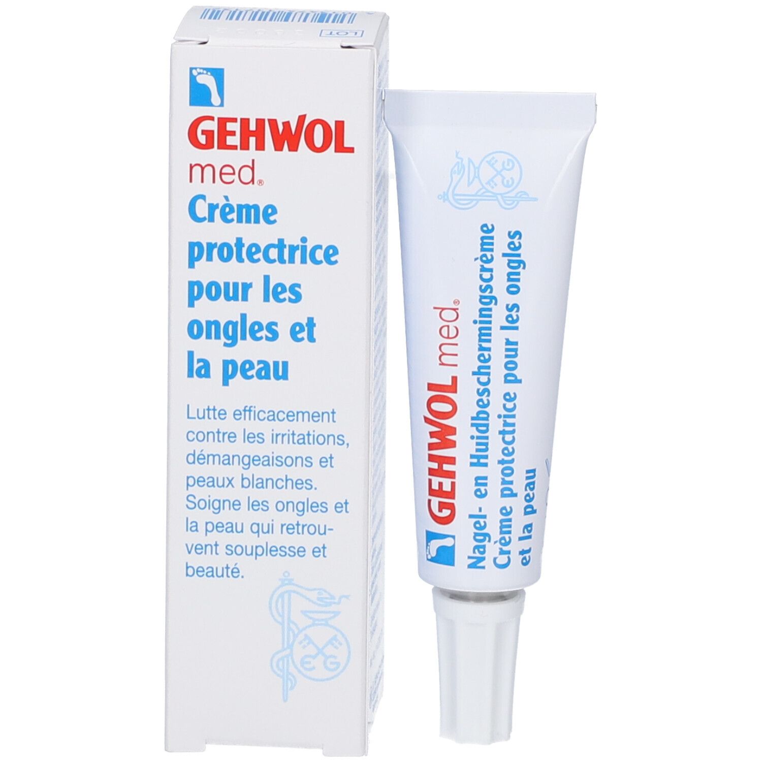 Gehwol med. Crema e confezione. Crema protettiva per unghie e pelle. Testo.