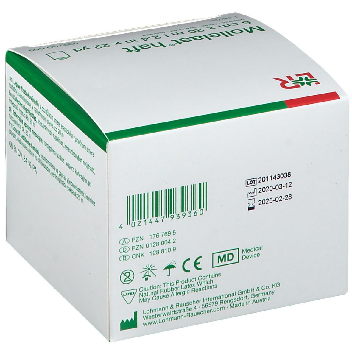 Retro della confezione Mollelast® haft. Informazioni su produttore, numero di lotto, scadenza e certificazione.