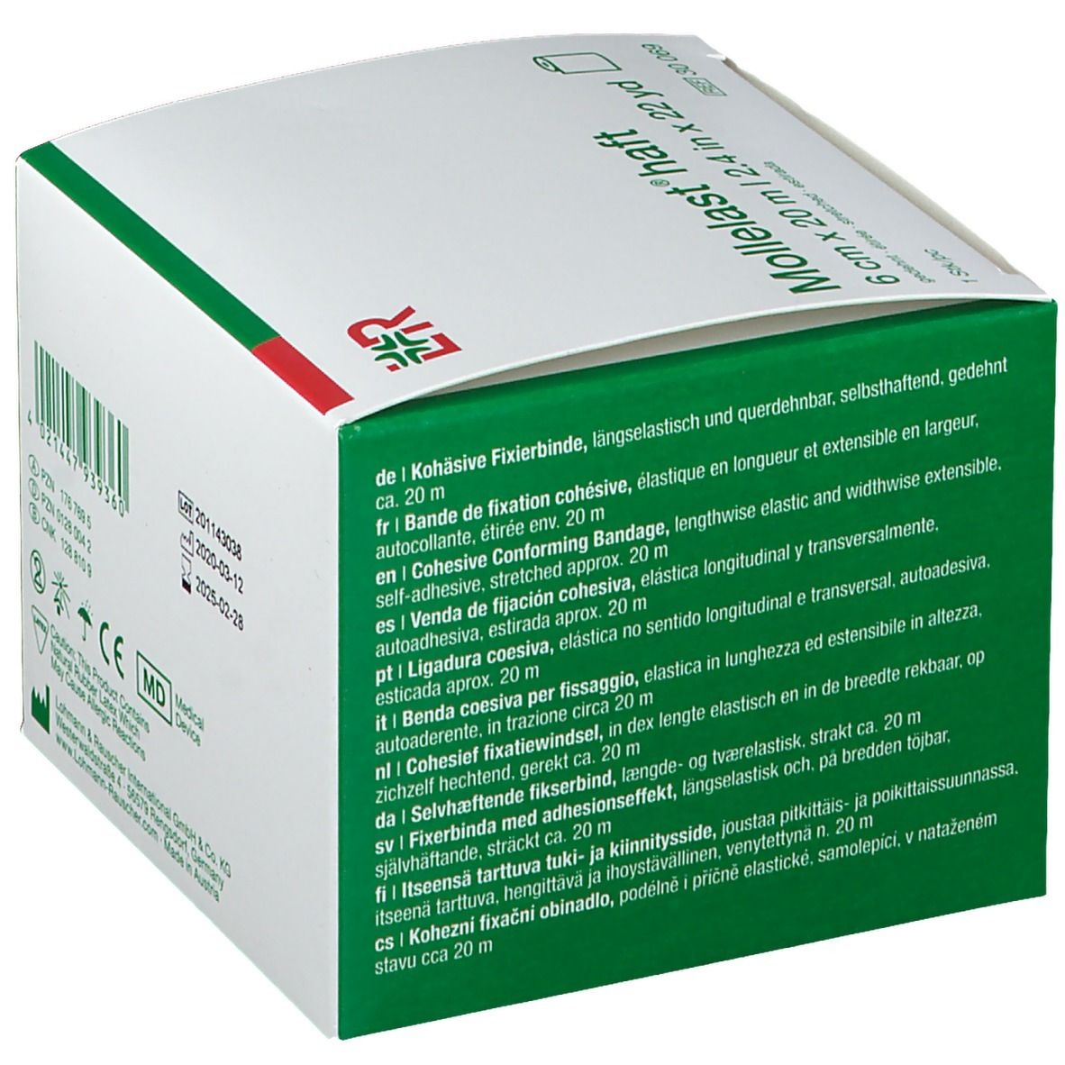 Confezione di Mollelast® haft, 6 cm x 20 m. Testo in più lingue. Confezione verde e bianca.