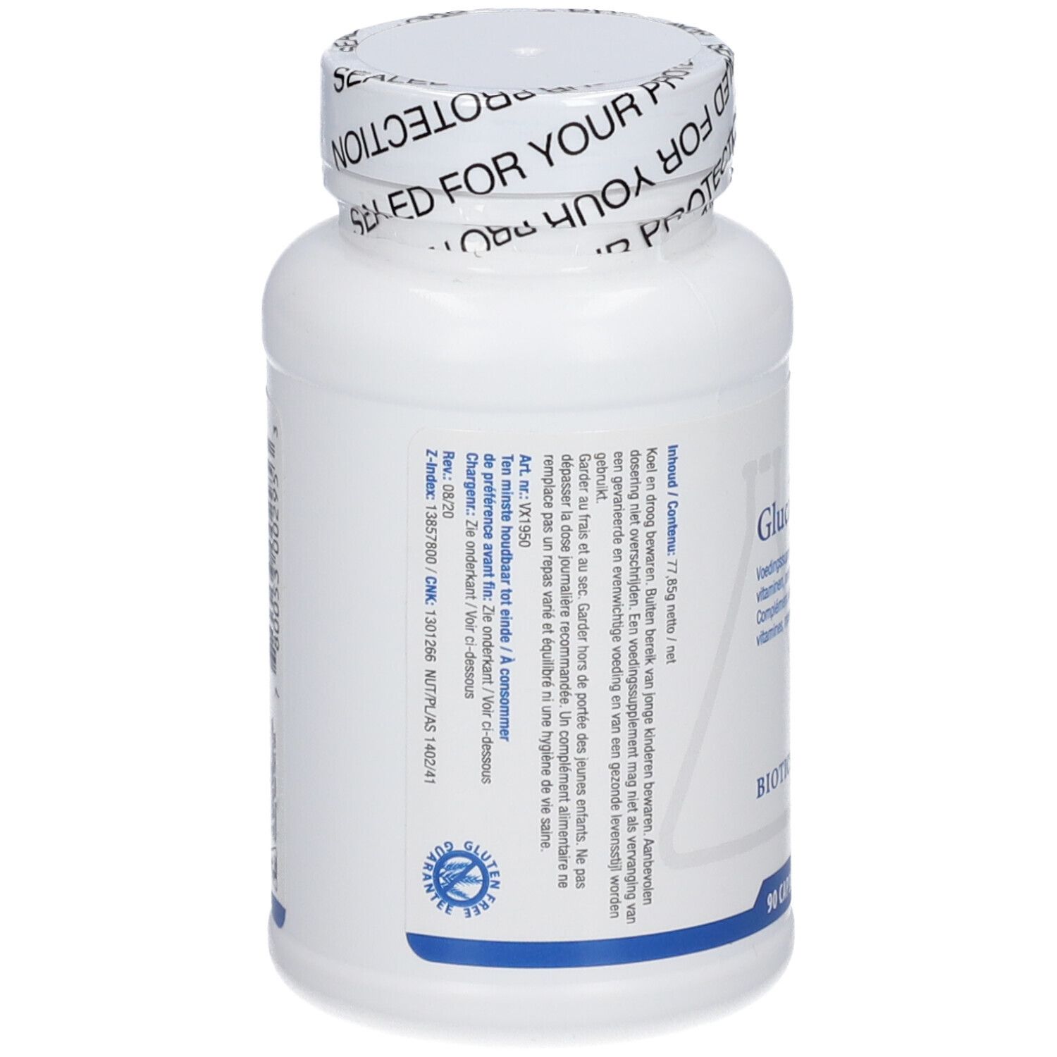 Retro del flacone bianco con etichetta Glucobalance. Testo multilingue. 90 capsule. Biotics Research.
