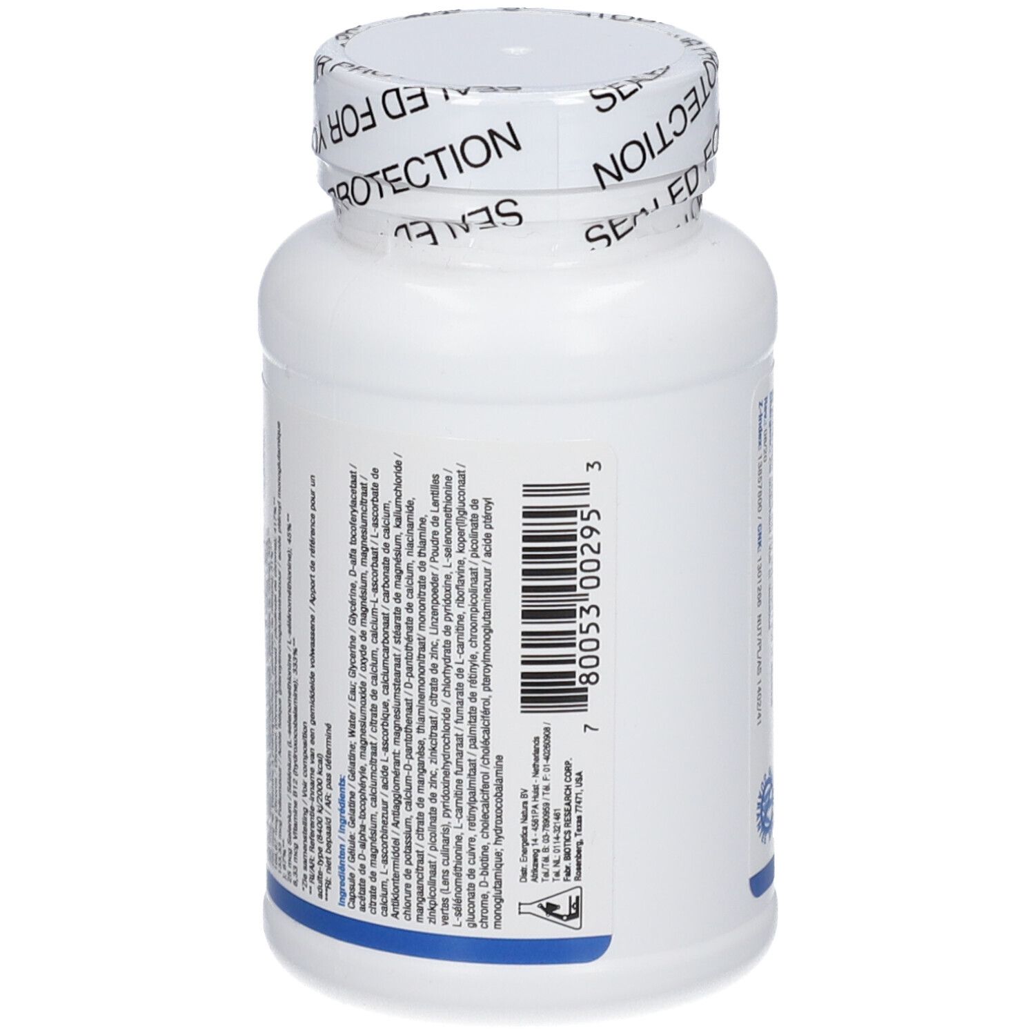 Retro del flacone bianco con etichetta Glucobalance. Codice a barre e ingredienti. Biotics Research, 90 capsule.