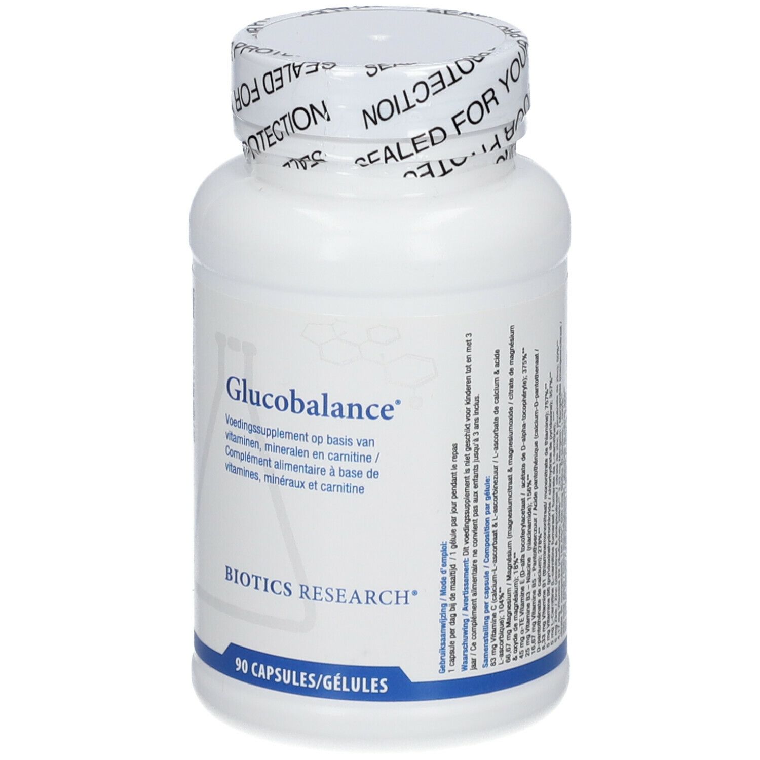 Flacone bianco con etichetta Glucobalance. Scritta Biotics Research, 90 capsule. Tappo sigillato.