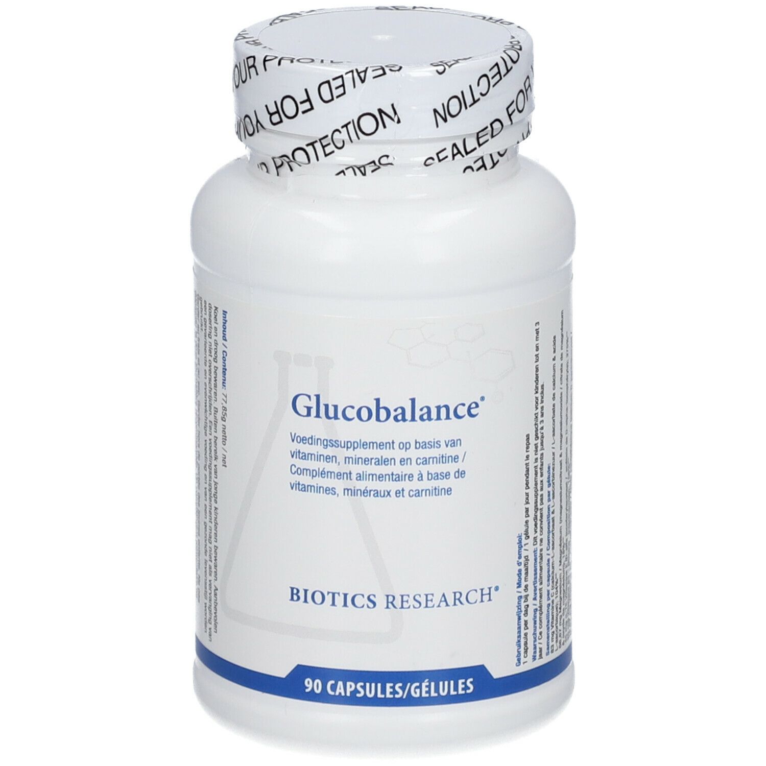 Flacone bianco con etichetta Glucobalance. Scritta Biotics Research, 90 capsule. Tappo sigillato.