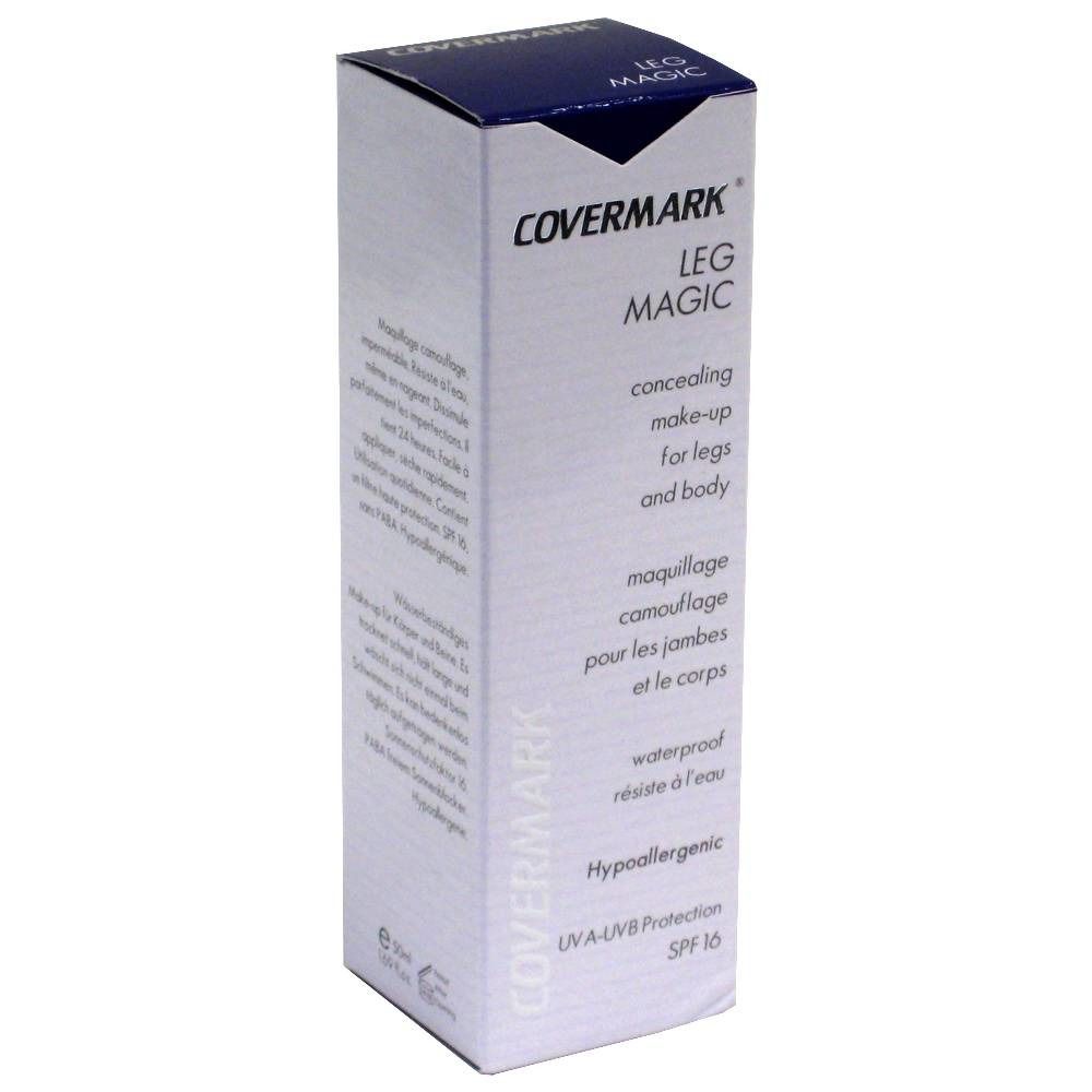 Scatola bianca con parte superiore blu. Scritta Covermark Leg Magic. Testo: Concealing make-up for legs and body.