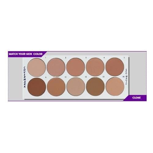 Palette con 10 tonalità Covermark Leg Magic. Testo: Match your skin color. Close.