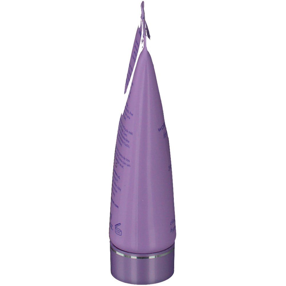 Vista laterale del tubo lilla Covermark Leg Magic. Stampe visibili. Chiusura argentata.