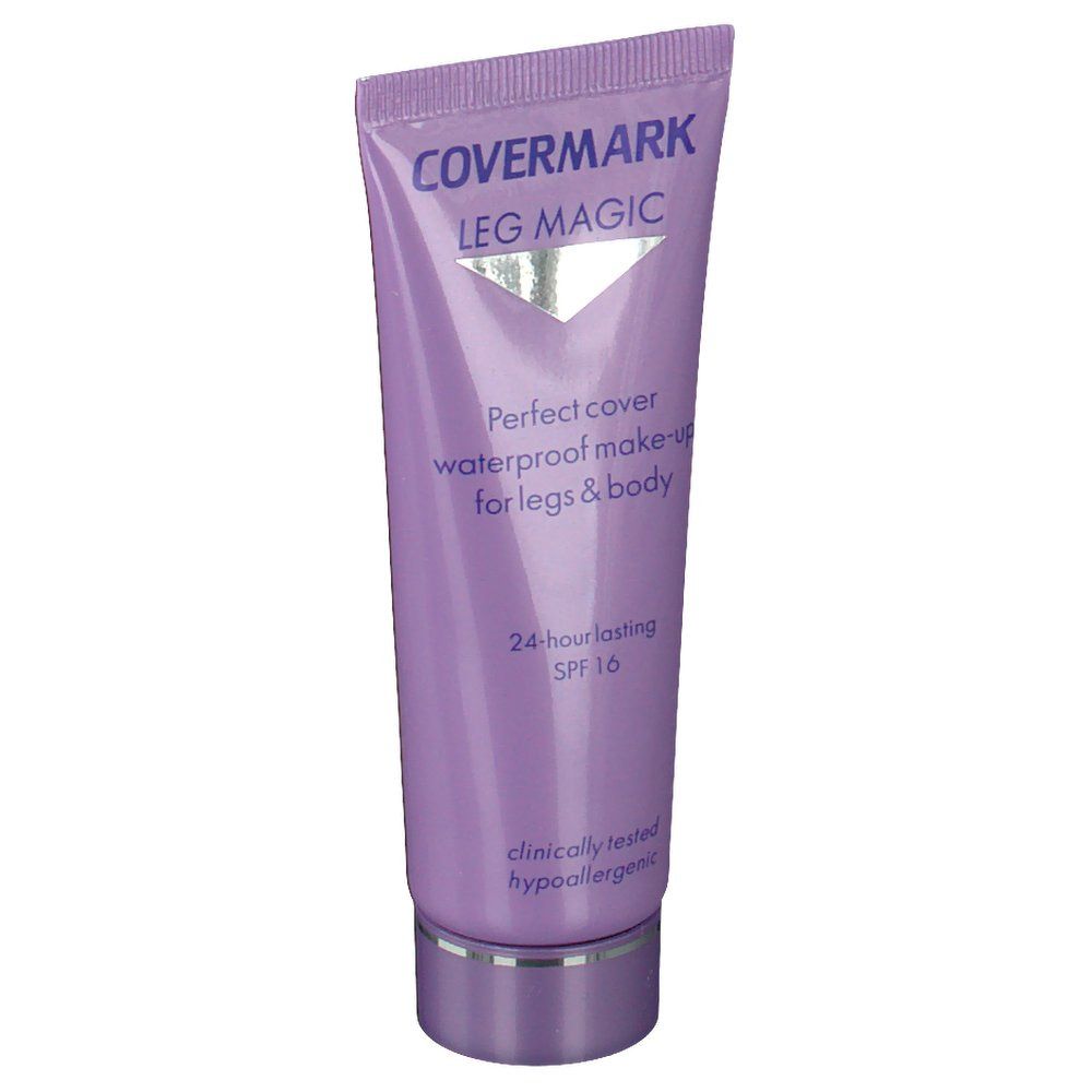 Tubo lilla Covermark Leg Magic. Testo: Perfect cover waterproof make-up for legs & body, SPF 16. Clinicamente testato.