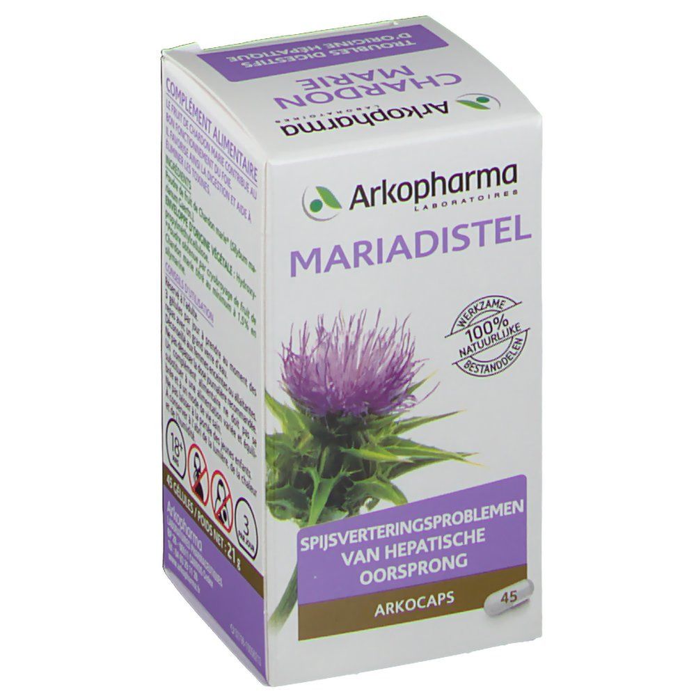 Scatola di capsule di cardo mariano. Scritto: 'Spijsverteringsproblemen van hepatische oorsprong'. Contiene 45 capsule. 18+.