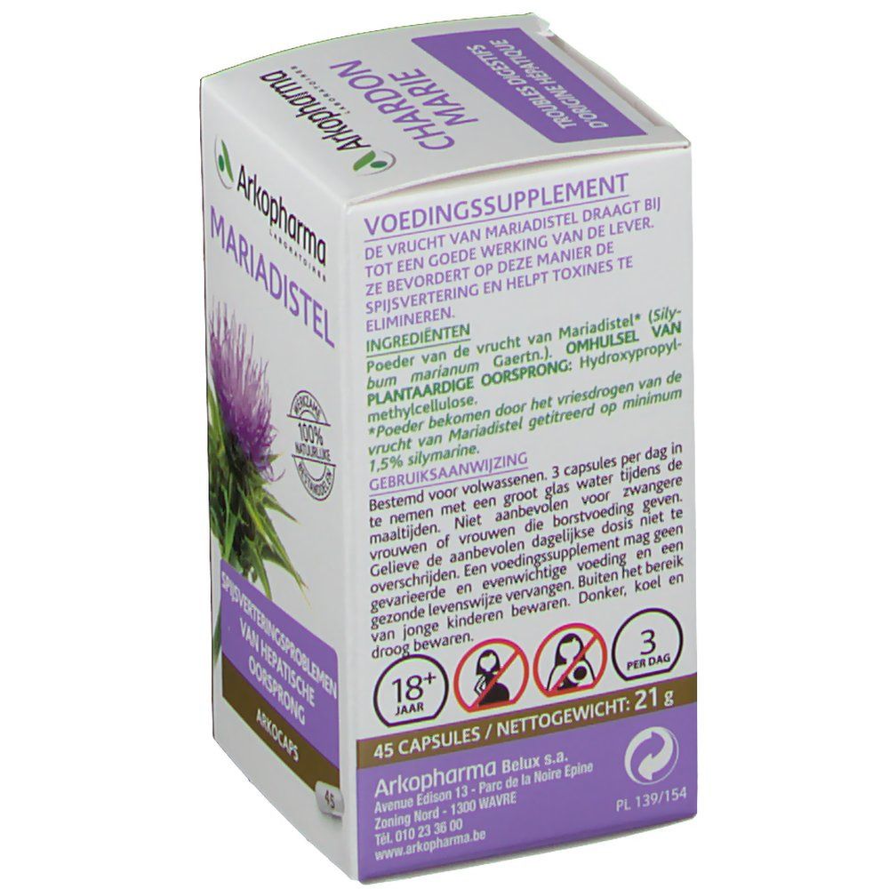 Scatola di capsule di cardo mariano. Scritto: 'Voedingssupplement'. Contiene 45 capsule. 18+.