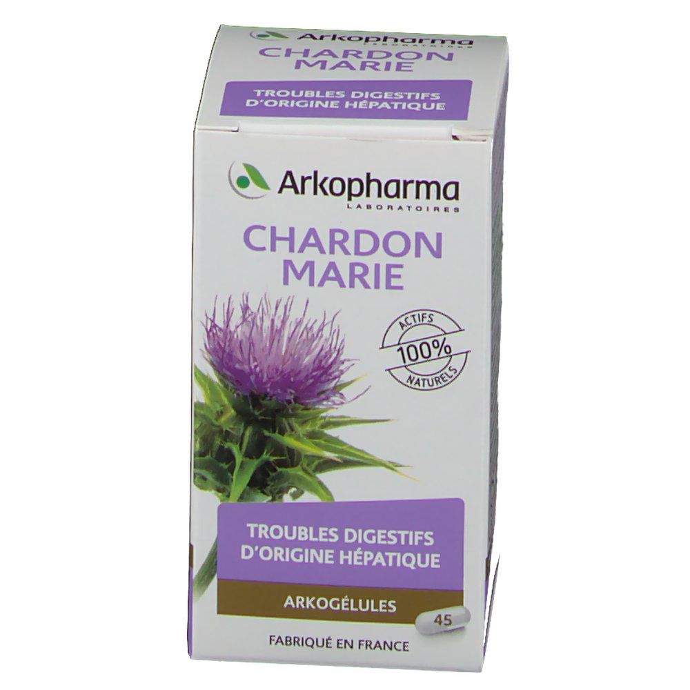 Scatola di Arkogelules Chardon Marie. Scritto: 'Troubles digestifs d'origine hépatique'. Contiene 45 capsule. 18+.