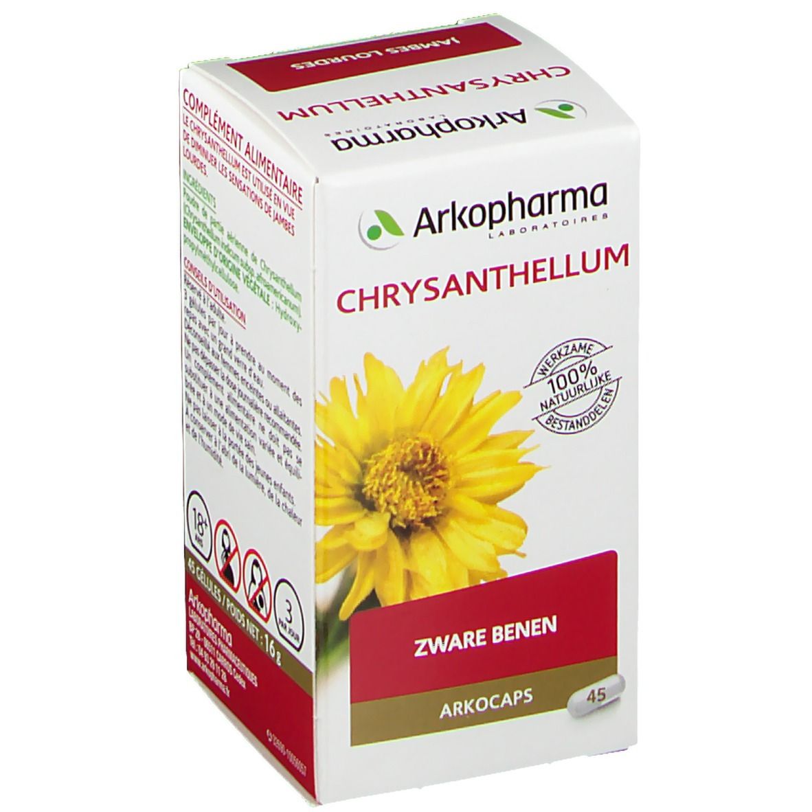 Scatola Arkopharma Chrysanthellum. Scritto: Zware benen. Contiene 45 capsule. Attivi 100% naturali.