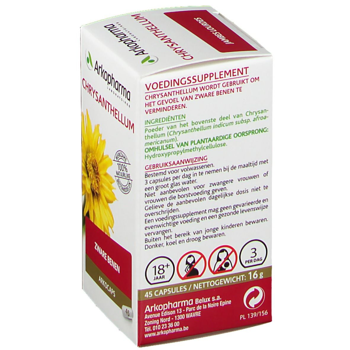 Retro della scatola Arkopharma Chrysanthellum. Informazioni su ingredienti e uso. 45 capsule.