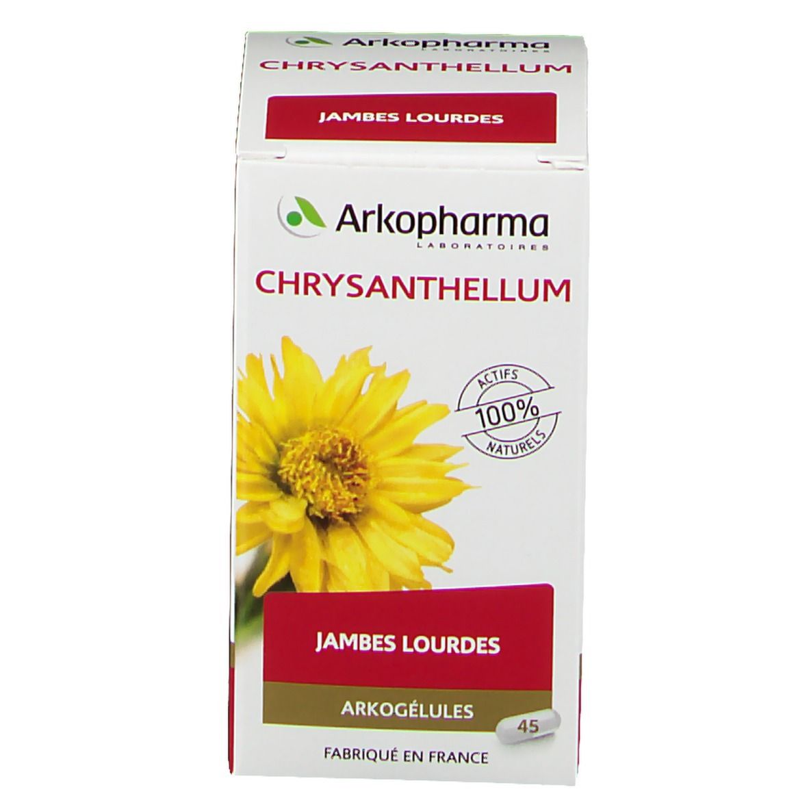 Scatola Arkopharma Chrysanthellum. Scritto: Jambes Lourdes. Contiene 45 capsule. Fabbricato in Francia.