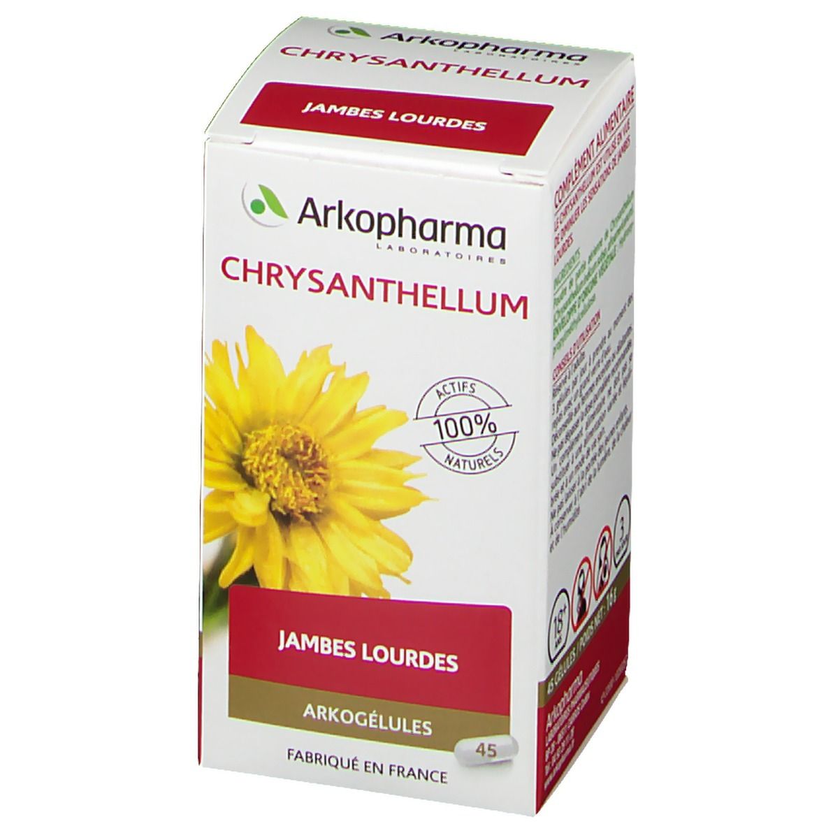 Scatola Arkopharma Chrysanthellum. Informazioni su ingredienti e uso. 45 capsule. Fabbricato in Francia.