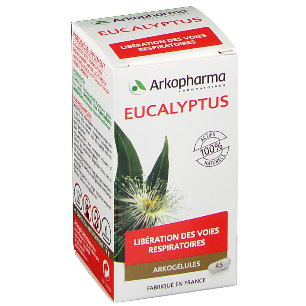 Confezione di Arkopharma Eucalyptus. Scritta "Liberazione delle vie respiratorie". 45 capsule. Logo e dettagli.