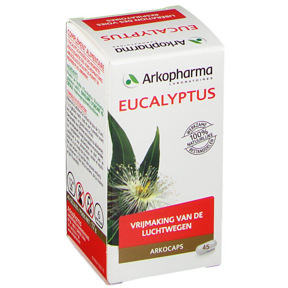 Confezione di Arkopharma Eucalyptus. Scritta "Liberazione delle vie respiratorie". 45 capsule. Logo e dettagli.